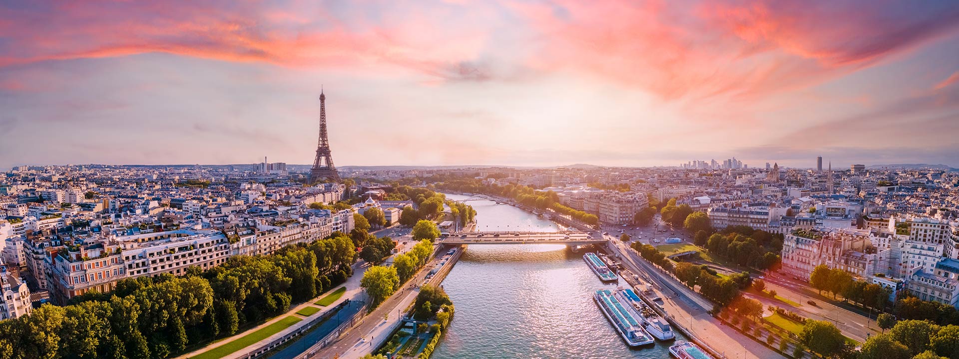 Paris aerial panorama with river Seine and Eiffel tower, France.