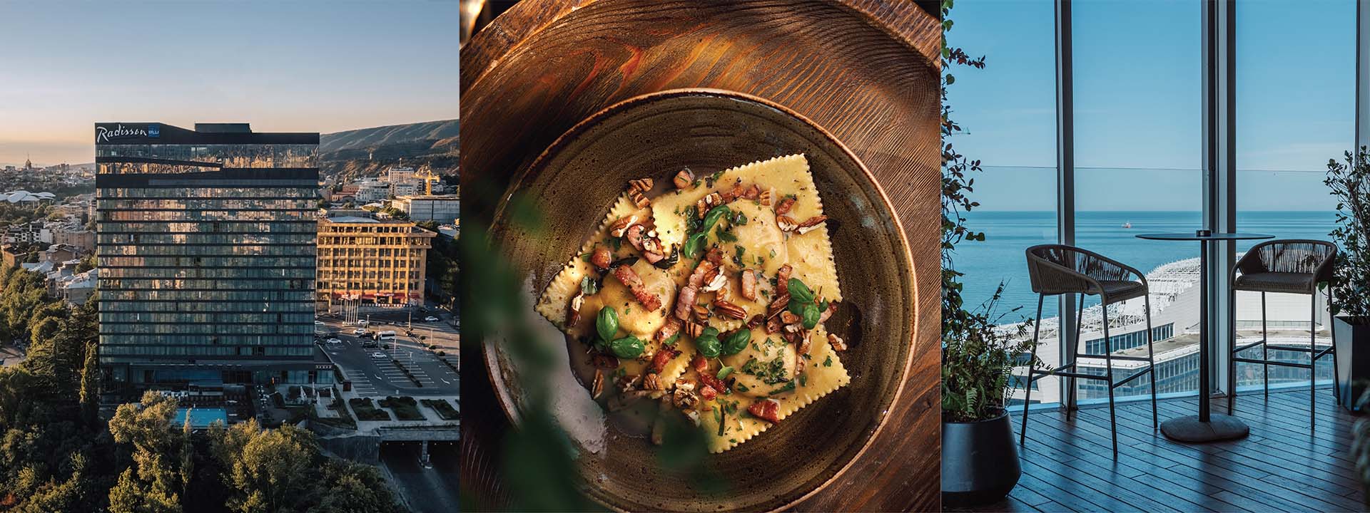 A cityscape view of a modern building, a plate of pasta garnished with herbs, and a scenic ocean view from a glass-walled room with chairs and a table.